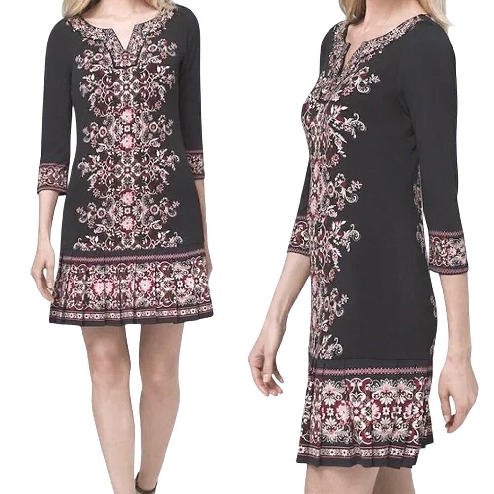 White House Black‎ Market Embellished Shift Dress 3/4 Sleeve Pleat Hem Size XS